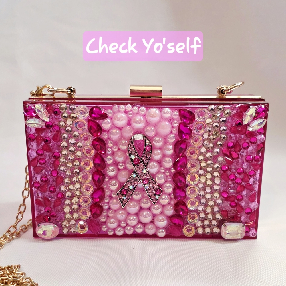 Handmade Pearl Chaos Pink Clutch - Check Yo'Self - Breast Cancer Awareness